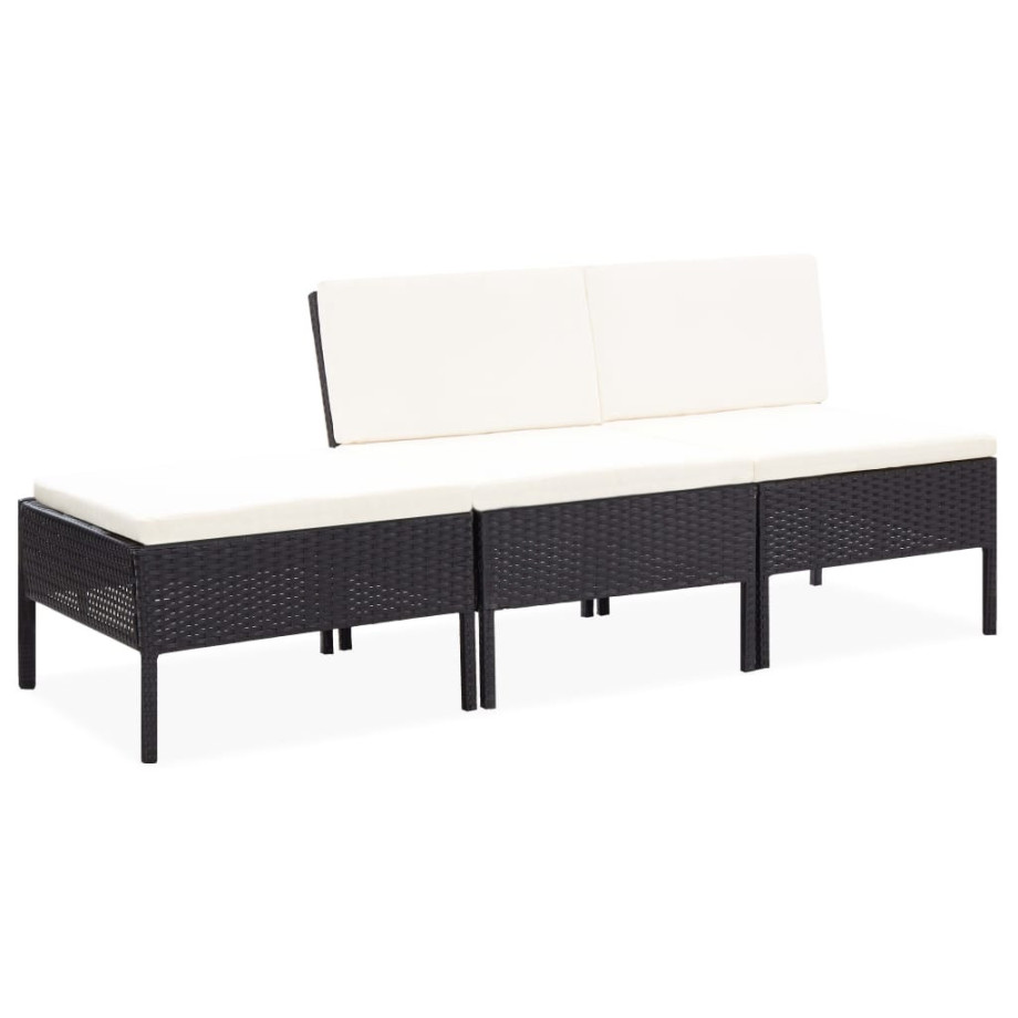 vidaXL 3-delige Loungeset met kussens poly rattan zwart afbeelding 1