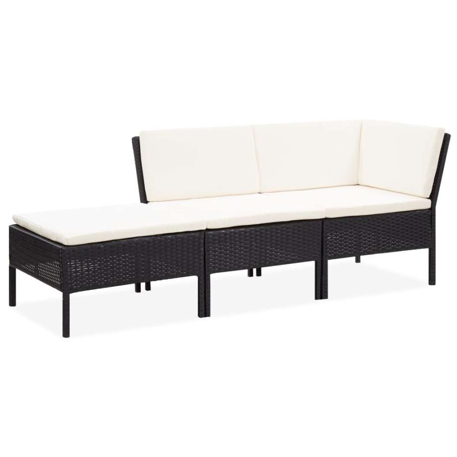 vidaXL 3-delige Loungeset met kussens poly rattan zwart afbeelding 1