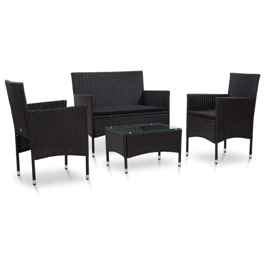 vidaXL 4-delige Loungeset met kussens poly rattan zwart afbeelding 1