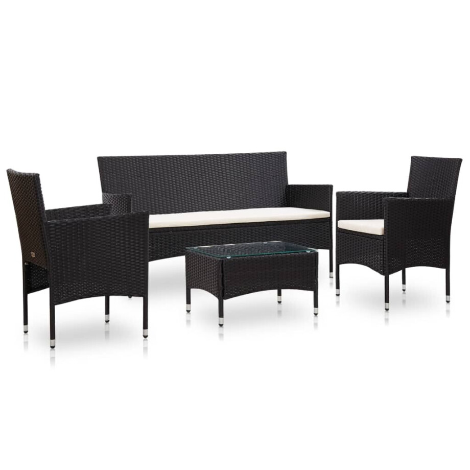 vidaXL 4-delige Loungeset met kussens poly rattan zwart afbeelding 1