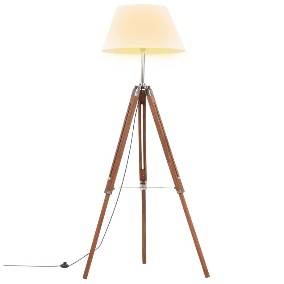 vidaXL Vloerlamp driepoot 141 cm massief teakhout honingbruin en wit vidaXL Vloerlamp driepoot 141 cm massief teakhout honingbruin en wit afbeelding 1