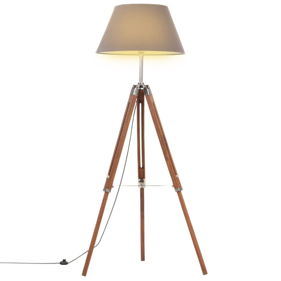 vidaXL Vloerlamp driepoot 141 cm massief teakhout honingbruin en grijs afbeelding 1