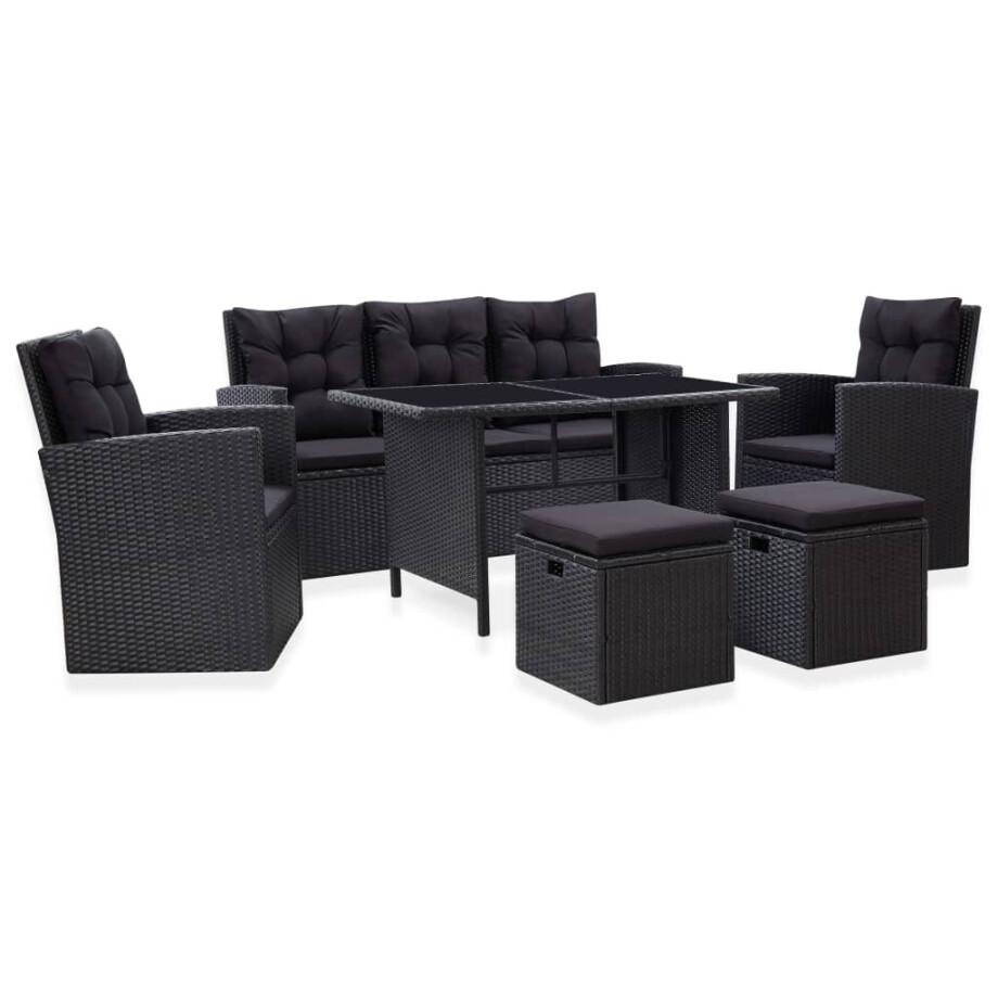 vidaXL 6-delige Loungeset met kussens poly rattan zwart afbeelding 1