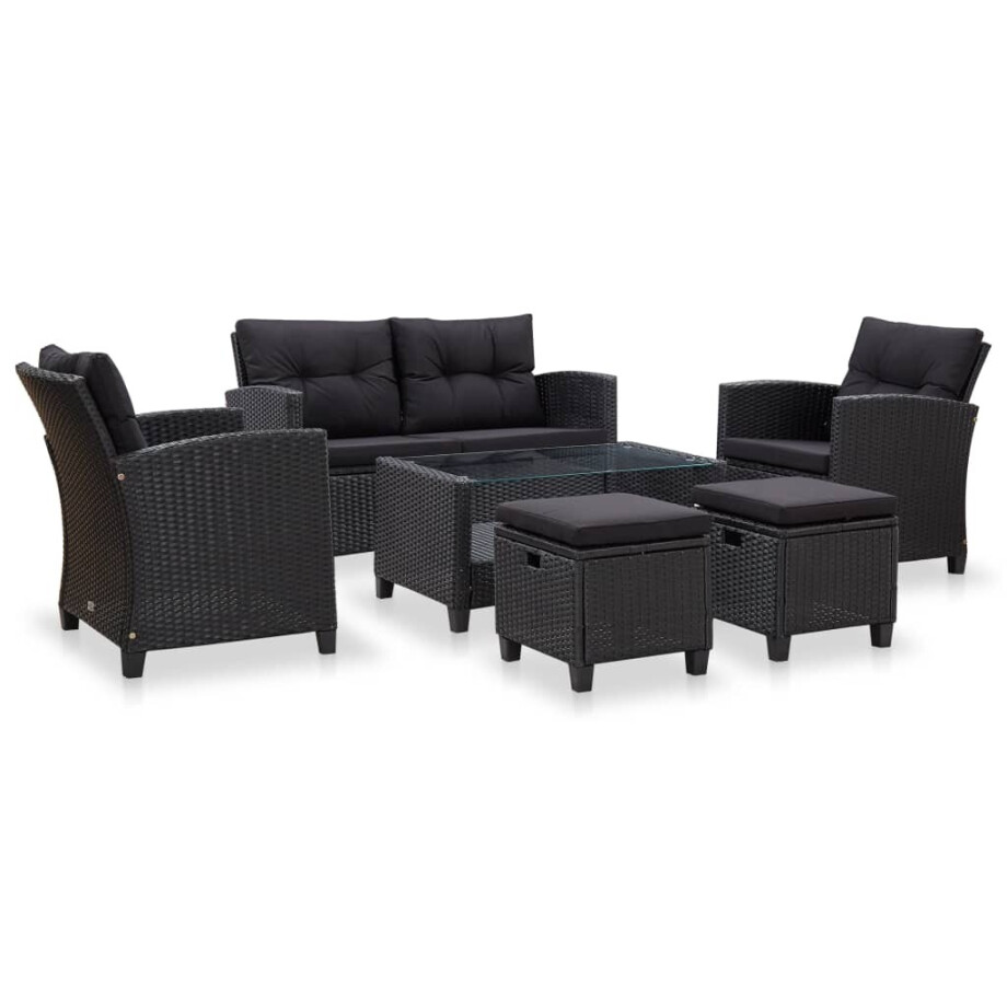 vidaXL 6-delige Loungeset met kussens poly rattan zwart afbeelding 1