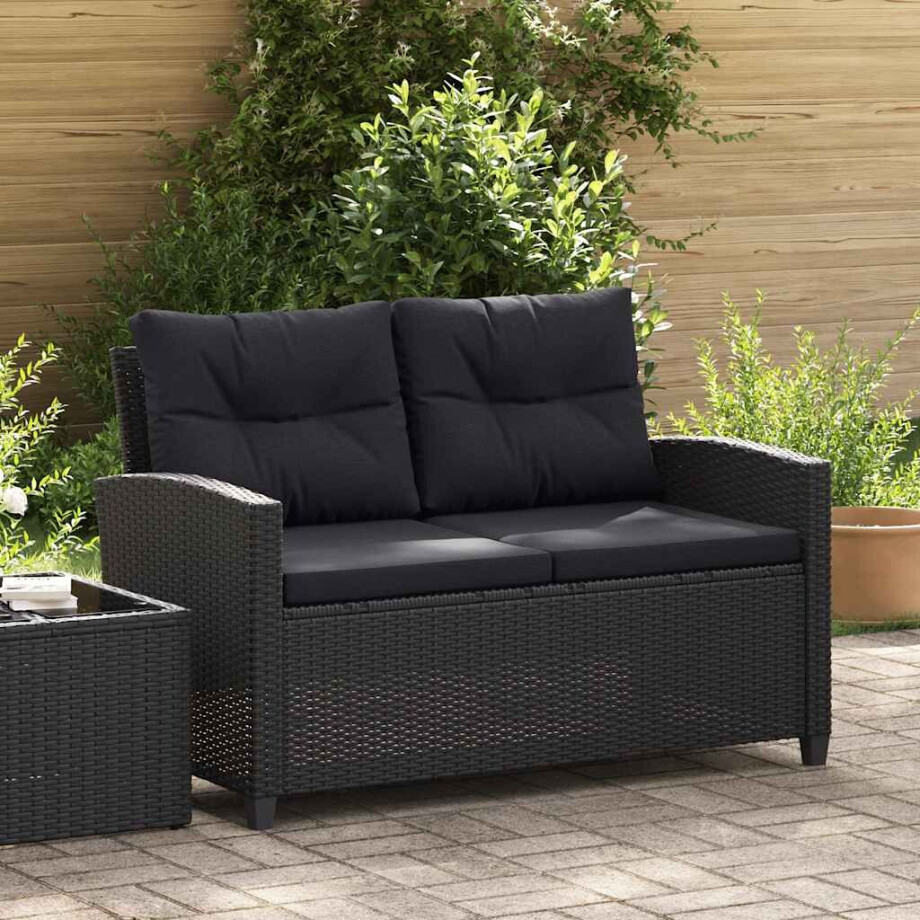 vidaXL Tuinbank 2-zits met kussens 124 cm poly rattan zwart afbeelding 1