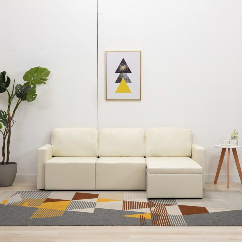 vidaXL Slaapbank driezits modulair kunstleer crème afbeelding 1