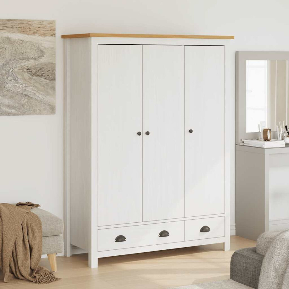 vidaXL Kledingkast Hill 3 deuren 127x50x170 cm massief grenenhout wit afbeelding 1