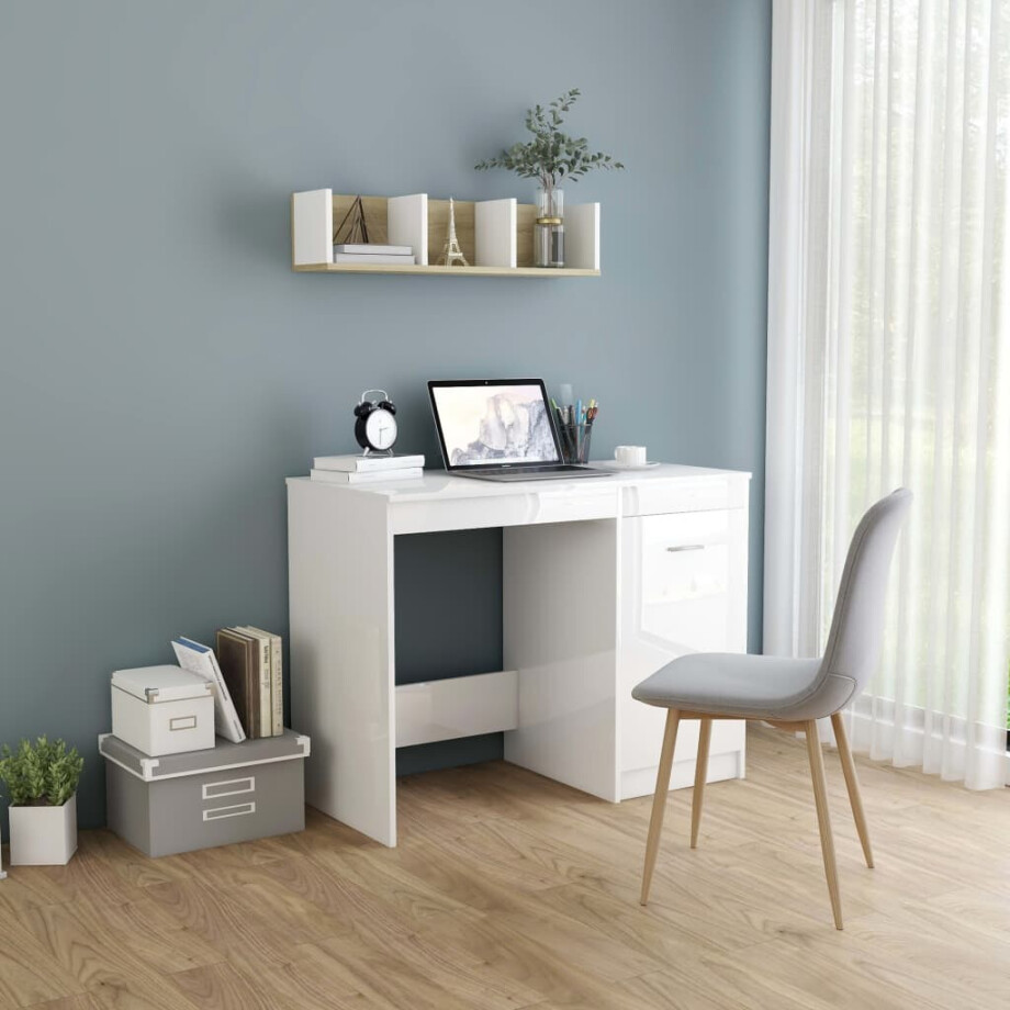 vidaXL Bureau 100x50x76 cm bewerkt hout hoogglans wit vidaXL Bureau 100x50x76 cm bewerkt hout hoogglans wit afbeelding 1