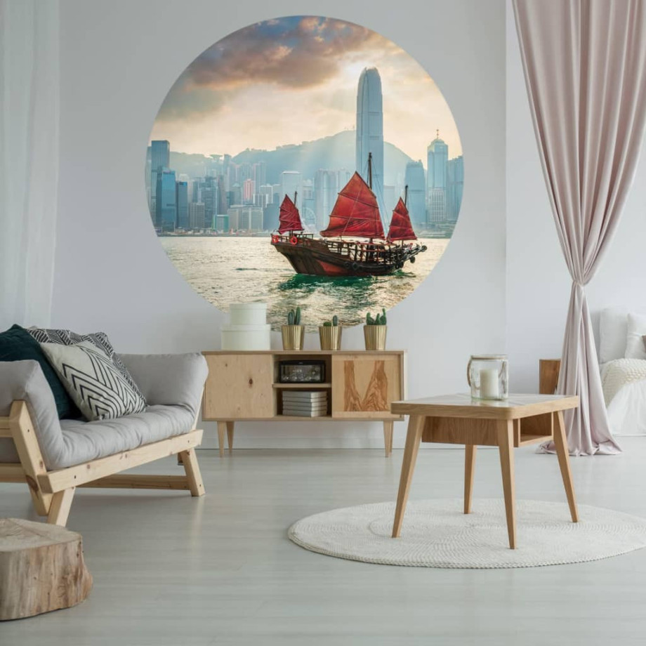 WallArt Behangcirkel Skyline with Junk Boat 142,5 cm afbeelding 1