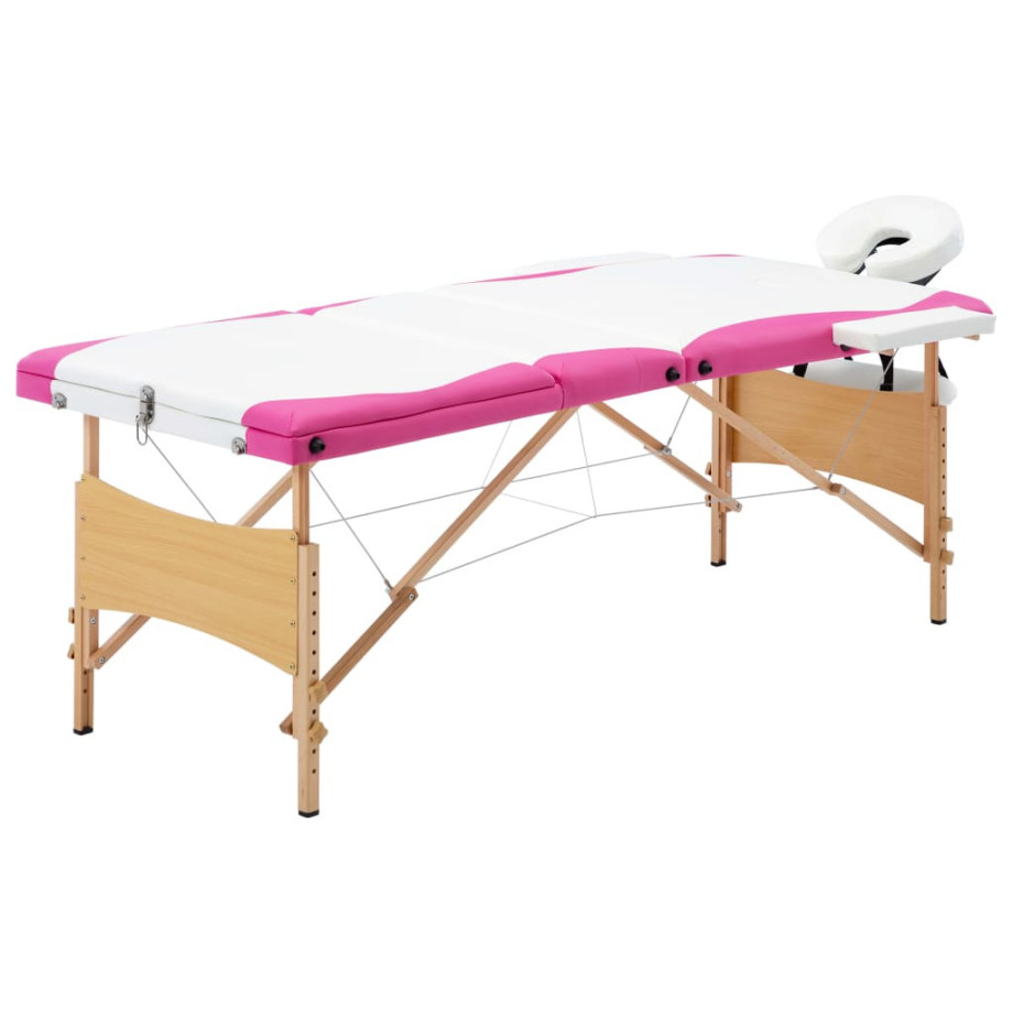 vidaXL Massagetafel inklapbaar 3 zones hout wit en roze afbeelding 1