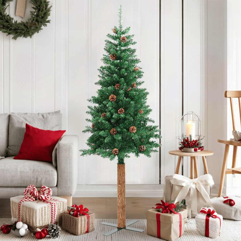vidaXL Kerstboom met echt hout en dennenappels smal 150 cm PVC groen afbeelding 1