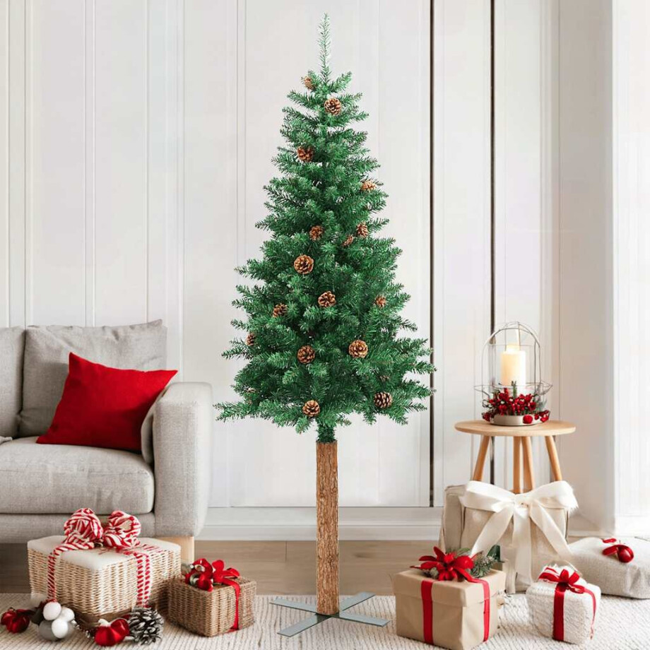 vidaXL Kerstboom met echt hout en dennenappels smal 180 cm PVC groen afbeelding 1
