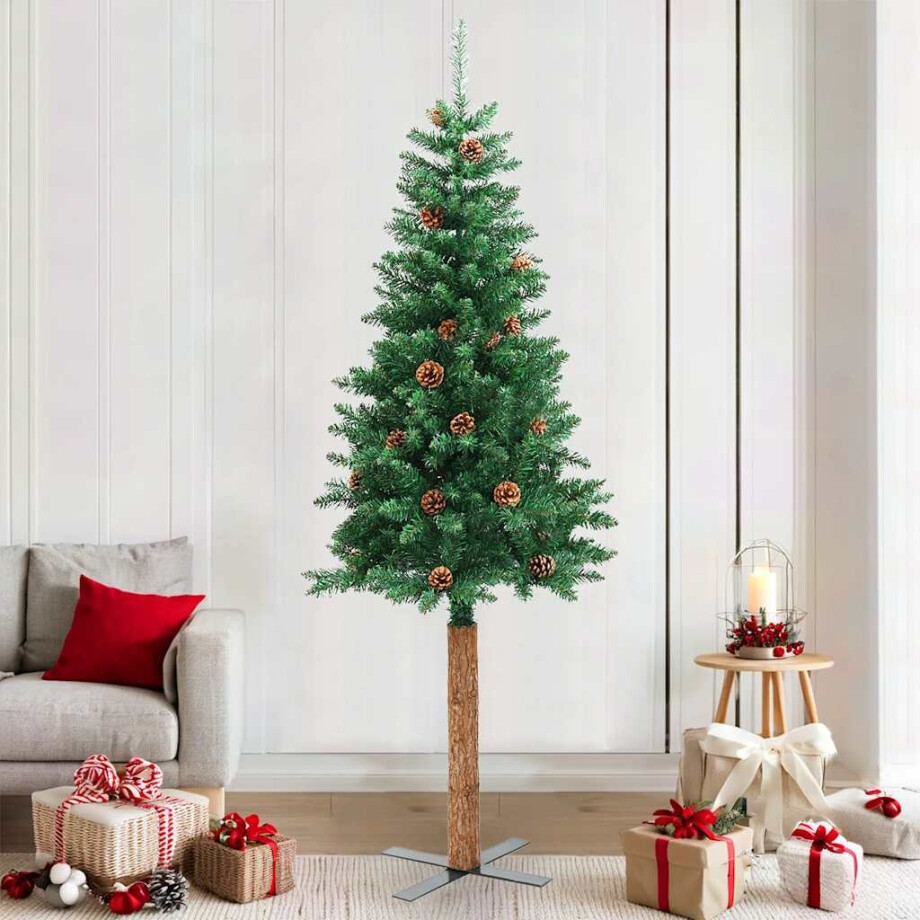 vidaXL Kerstboom met echt hout en dennenappels smal 210 cm PVC groen vidaXL Kerstboom met echt hout en dennenappels smal 210 cm PVC groen afbeelding 1