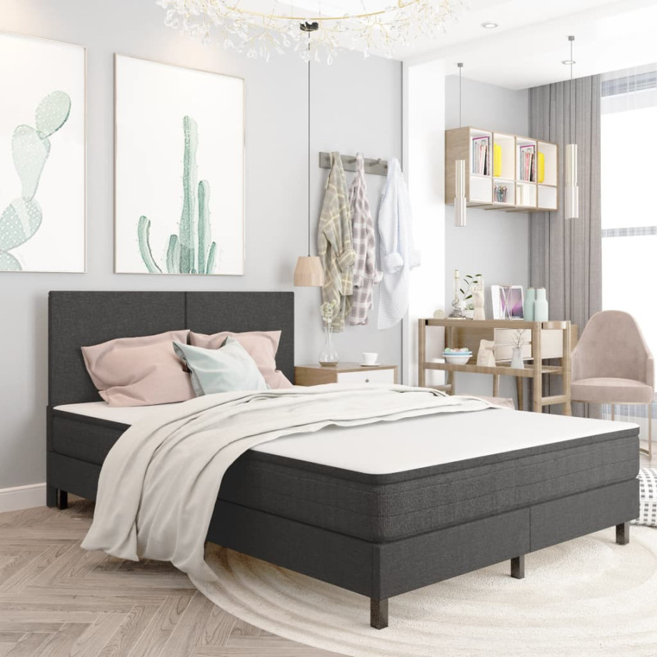 vidaXL Boxspring stof donkergrijs 160x200 cm afbeelding 1