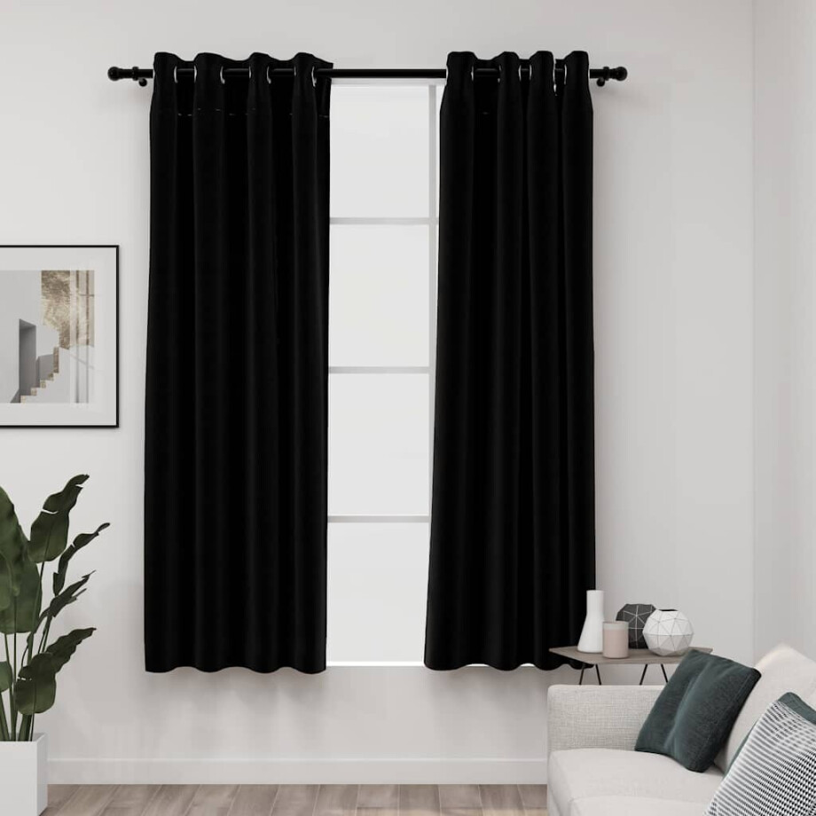 vidaXL Gordijnen linnen-look verduisterend ogen 2 st 140x175 cm zwart afbeelding 1