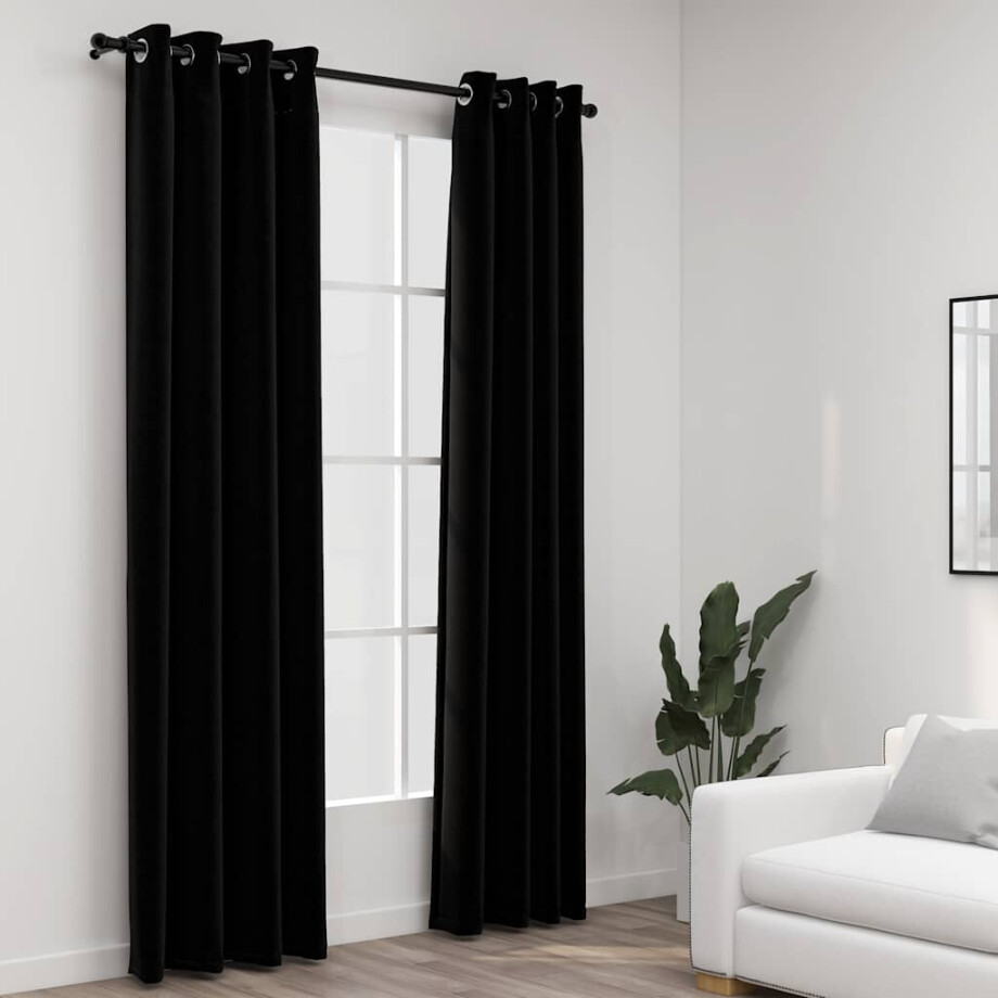 vidaXL Gordijnen linnen-look verduisterend ogen 2 st 140x245 cm zwart afbeelding 1