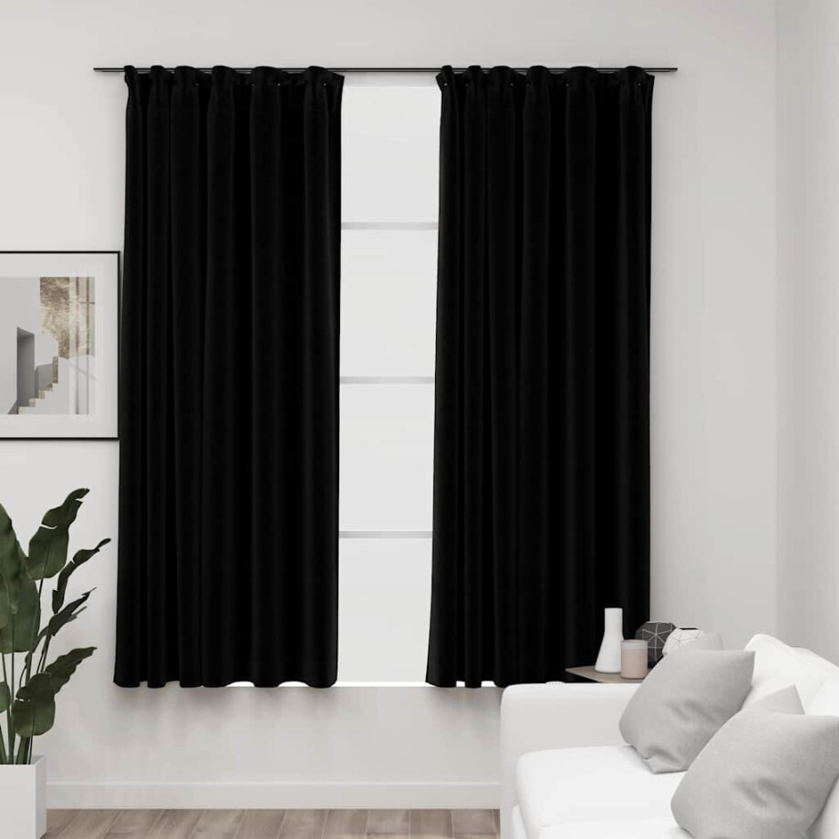 vidaXL Gordijnen linnen-look verduisterend haken 2 st 140x175 cm zwart afbeelding 1