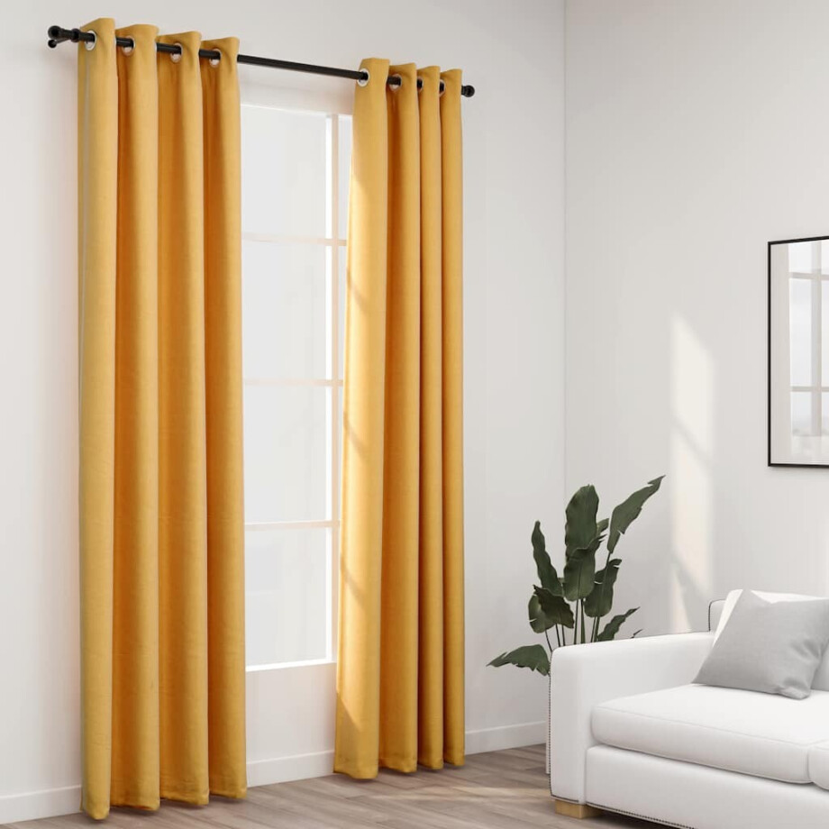 vidaXL Gordijnen linnen-look verduisterend ogen 2 st 140x245 cm geel afbeelding 1