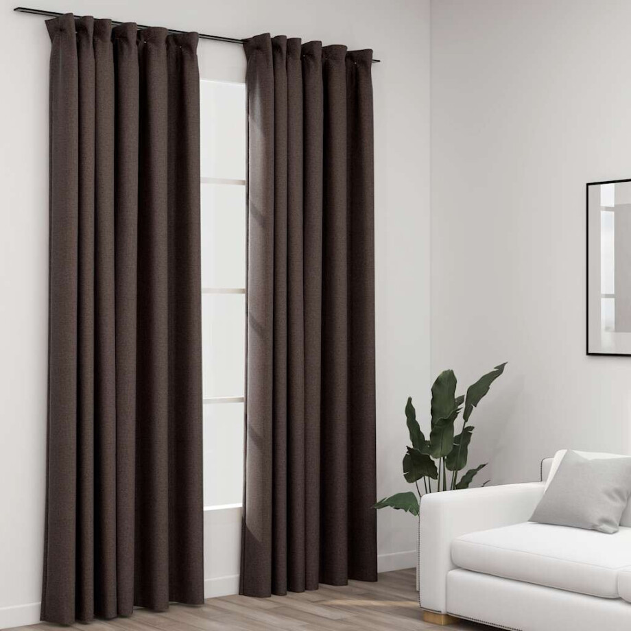 vidaXL Gordijnen linnen-look verduisterend haken 2 st 140x225 cm taupe afbeelding 1
