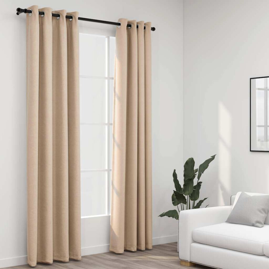vidaXL Gordijnen linnen-look verduisterend ogen 2 st 140x225 cm beige afbeelding 1