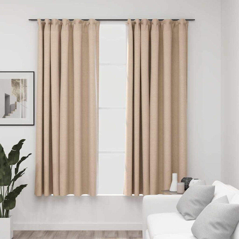 vidaXL Gordijnen linnen-look verduisterend haken 2 st 140x175 cm beige afbeelding 1