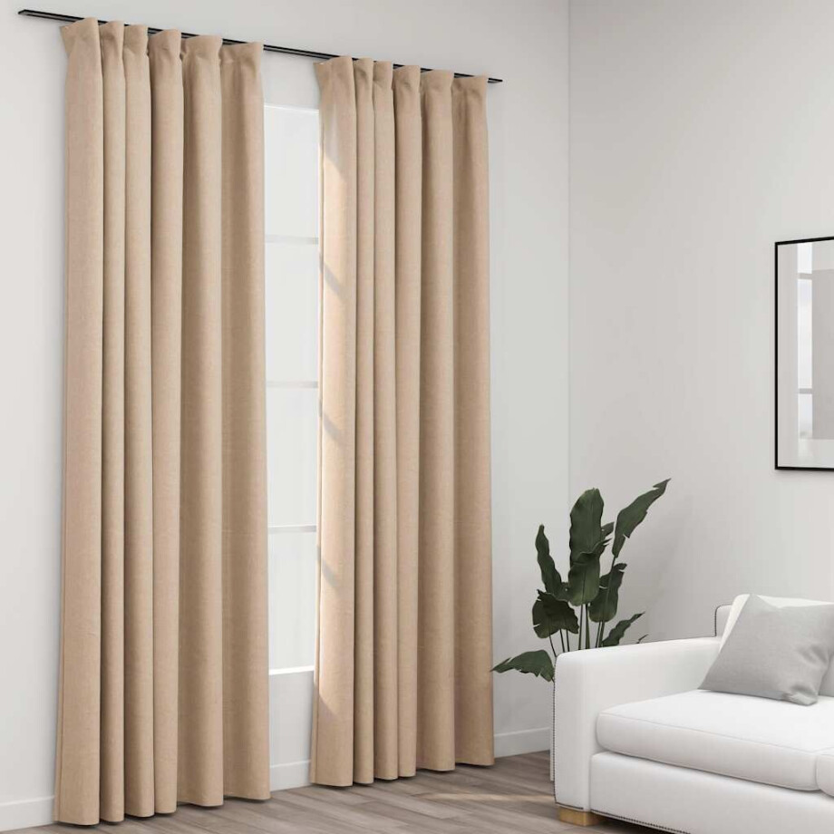vidaXL Gordijnen linnen-look verduisterend haken 2 st 140x225 cm beige afbeelding 1