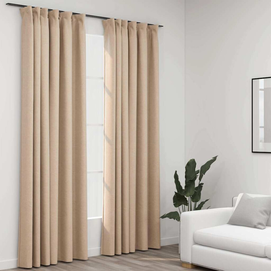 vidaXL Gordijnen linnen-look verduisterend haken 2 st 140x245 cm beige afbeelding 1