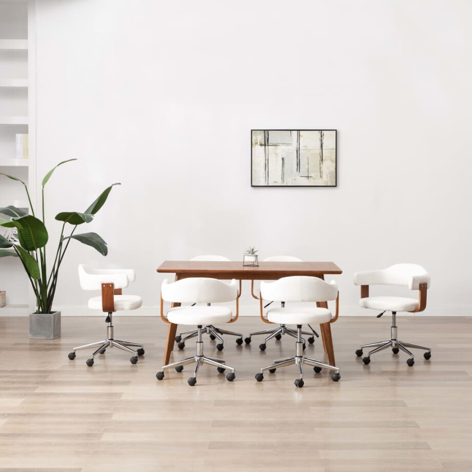 vidaXL Eetkamerstoelen draaibaar 6 st gebogen hout en kunstleer wit afbeelding 1