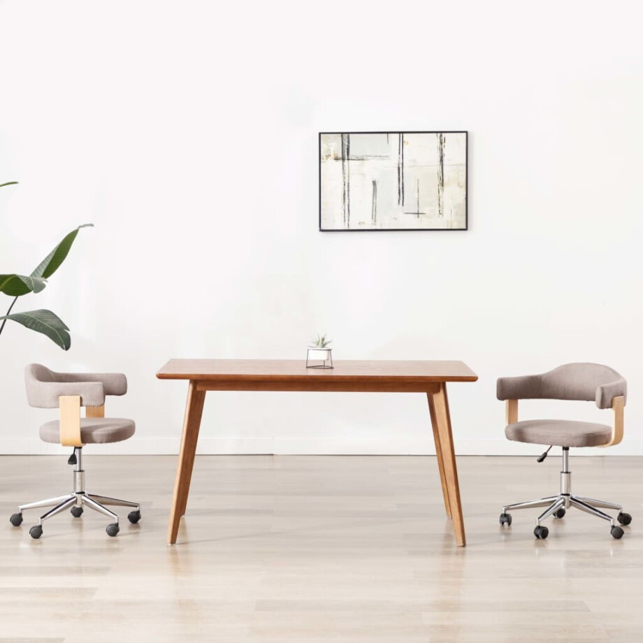 vidaXL Eetkamerstoelen draaibaar 2 st gebogen hout en stof taupe afbeelding 1