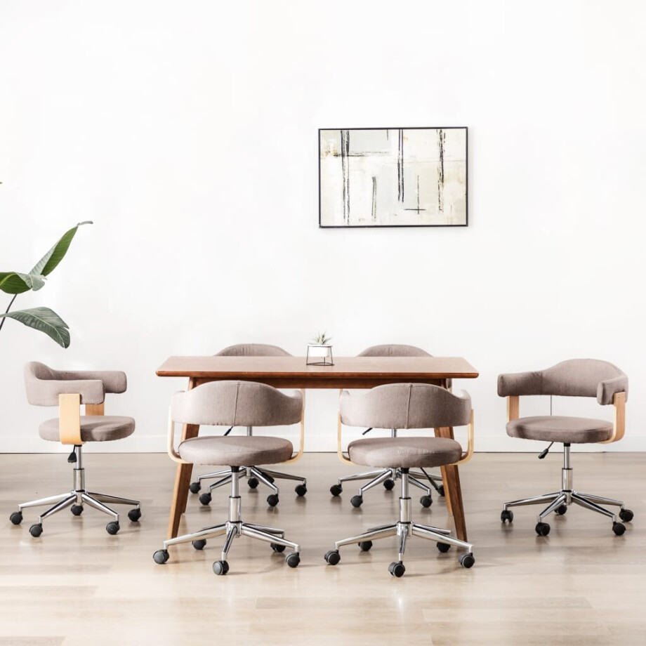 vidaXL Eetkamerstoelen 6 st draaibaar gebogen hout en stof taupe afbeelding 1