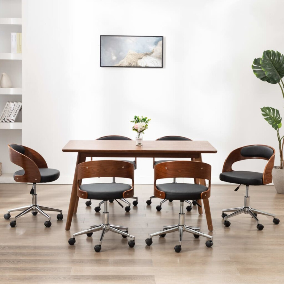 vidaXL Eetkamerstoelen draaibaar 6 st gebogen hout en kunstleer zwart afbeelding 1