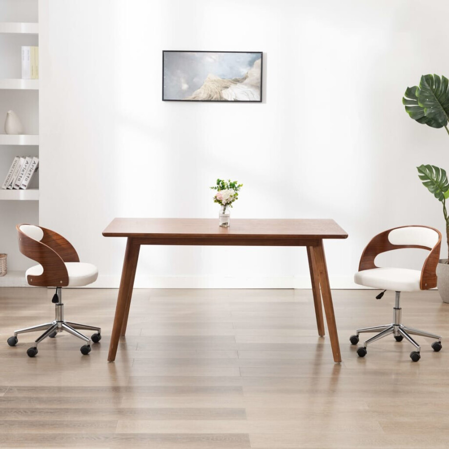 vidaXL Eetkamerstoelen draaibaar 2 st gebogen hout en kunstleer wit afbeelding 1