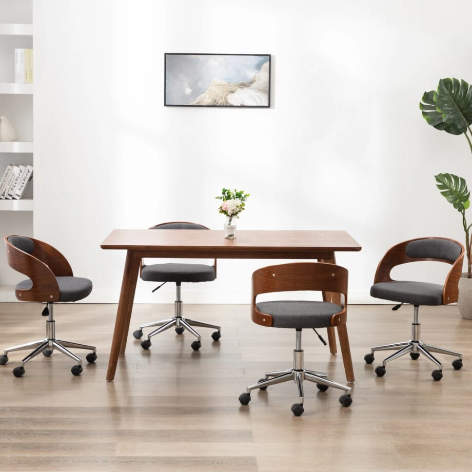 vidaXL Eetkamerstoelen 4 st draaibaar gebogen hout en stof grijs afbeelding 1