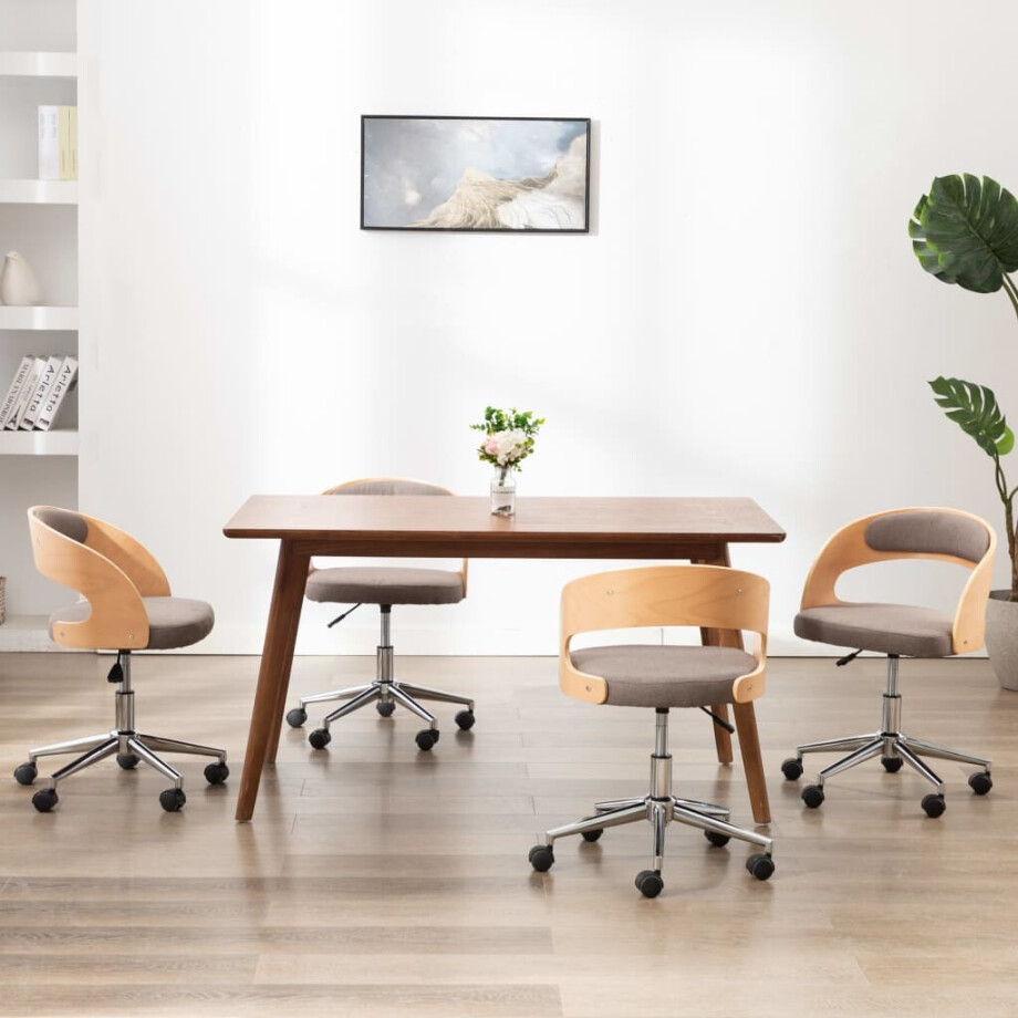 vidaXL Eetkamerstoelen 4 st draaibaar gebogen hout en stof taupe afbeelding 1