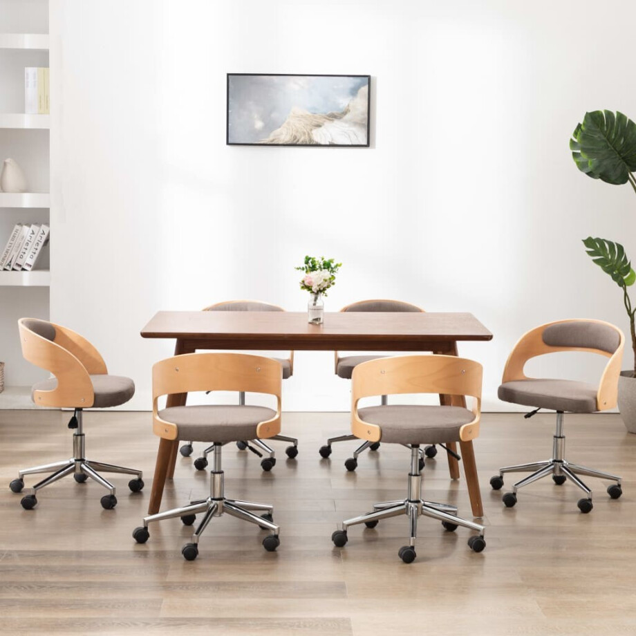 vidaXL Eetkamerstoelen 6 st draaibaar gebogen hout en stof taupe afbeelding 1
