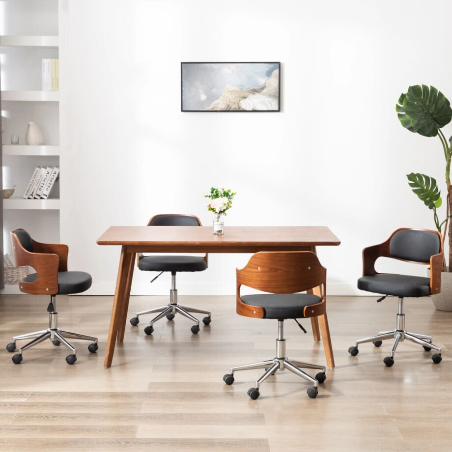 vidaXL Eetkamerstoelen 4 st draaibaar gebogen hout en kunstleer zwart afbeelding 1