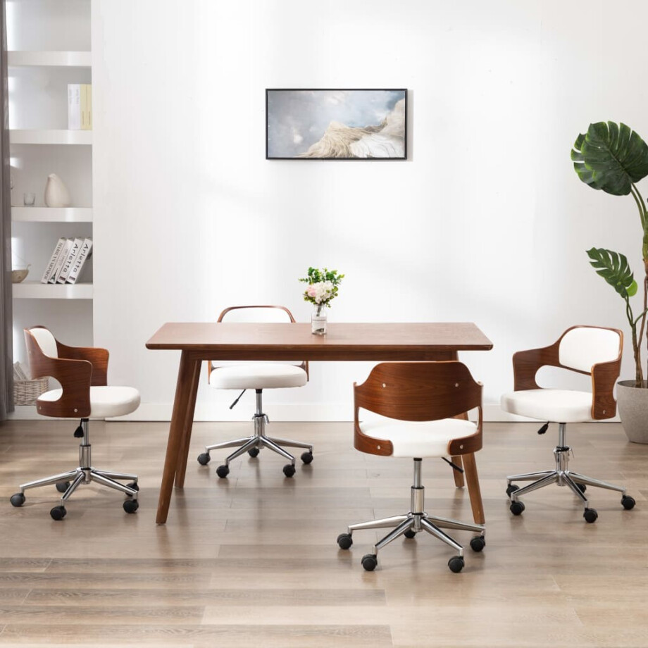 vidaXL Eetkamerstoelen draaibaar 4 st gebogen hout en kunstleer wit vidaXL Eetkamerstoelen draaibaar 4 st gebogen hout en kunstleer wit afbeelding 1
