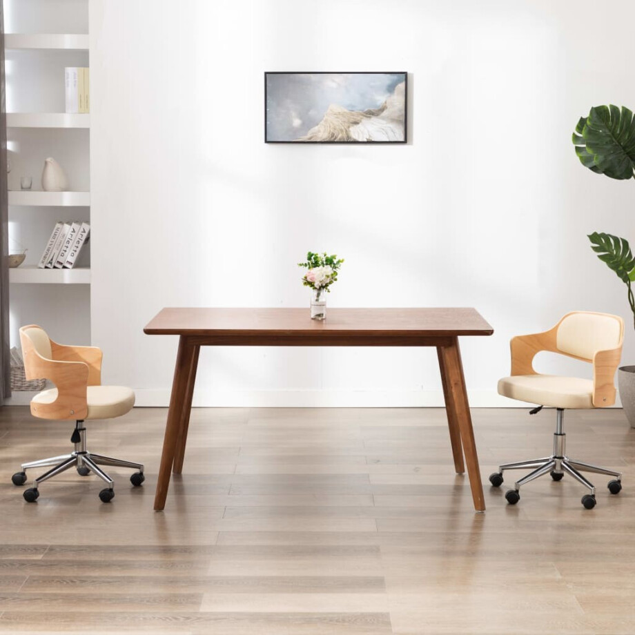 vidaXL Eetkamerstoelen draaibaar 2 st gebogen hout en kunstleer crème afbeelding 1