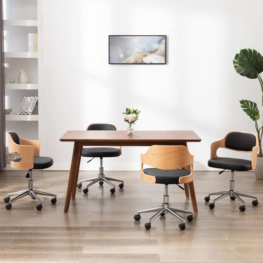 vidaXL Eetkamerstoelen 4 st draaibaar gebogen hout en kunstleer zwart afbeelding 1