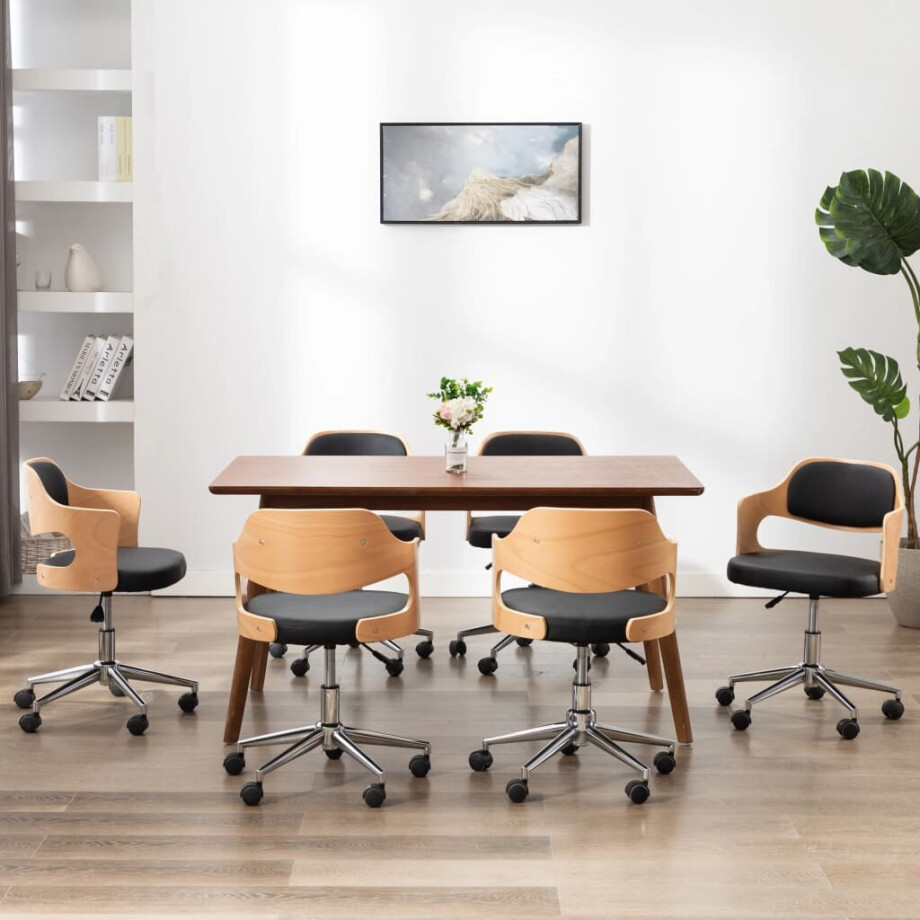 vidaXL Eetkamerstoelen draaibaar 6 st gebogen hout en kunstleer zwart afbeelding 1