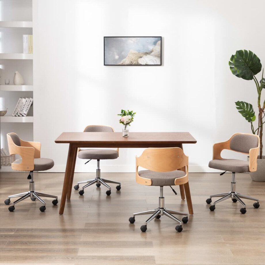 vidaXL Eetkamerstoelen 4 st draaibaar gebogen hout en stof taupe afbeelding 1