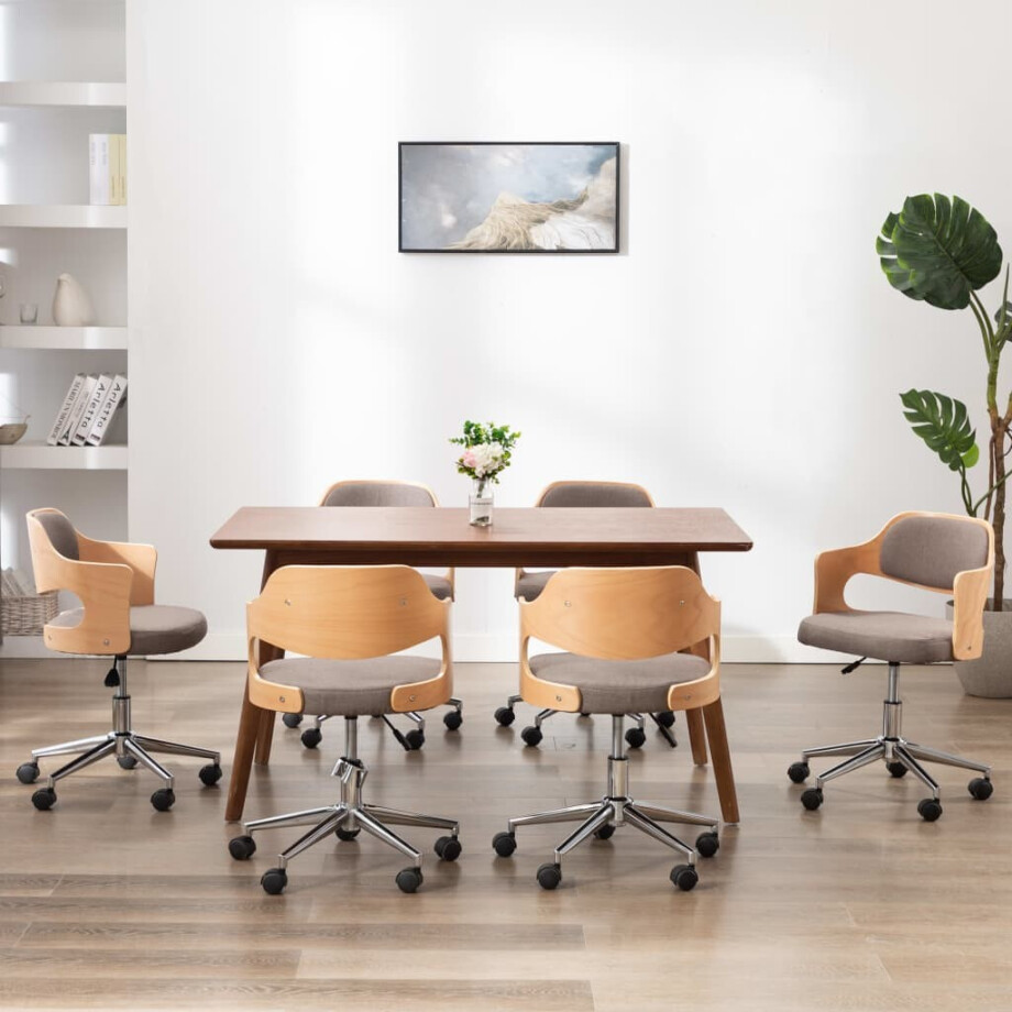 vidaXL Eetkamerstoelen 6 st draaibaar gebogen hout en stof taupe afbeelding 1