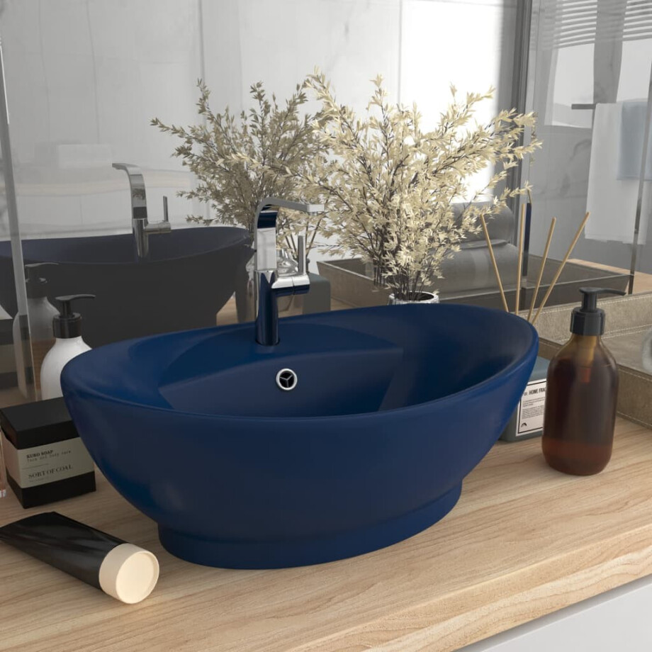 vidaXL Wastafel met overloop ovaal 58,5x39 cm keramiek mat donkerblauw afbeelding 1