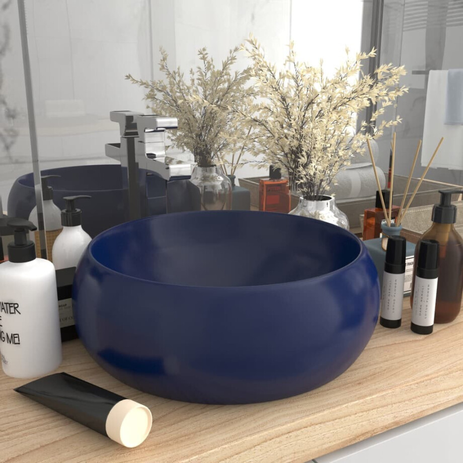 vidaXL Wastafel rond 40x15 cm keramiek mat donkerblauw afbeelding 1