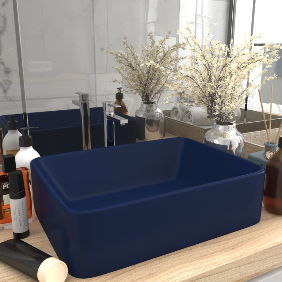 vidaXL Wastafel 41x30x12 cm keramiek mat donkerblauw afbeelding 1