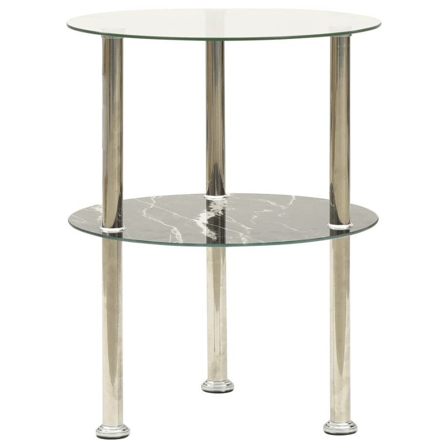 vidaXL Bijzettafel 2-laags 38cm gehard glas transparant en zwartmarmer afbeelding 1