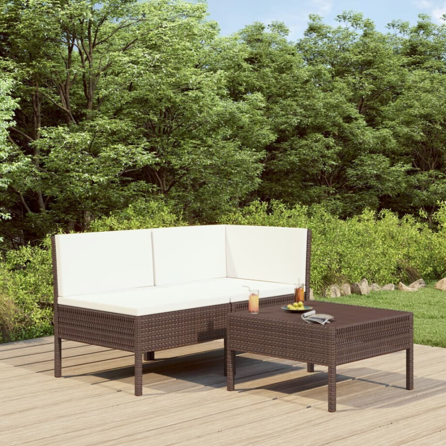 vidaXL 3-delige Loungeset met kussens poly rattan bruin vidaXL 3-delige Loungeset met kussens poly rattan bruin afbeelding 1