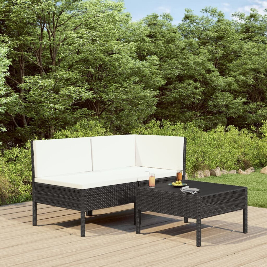 vidaXL 3-delige Loungeset met kussens poly rattan zwart vidaXL 3-delige Loungeset met kussens poly rattan zwart afbeelding 1