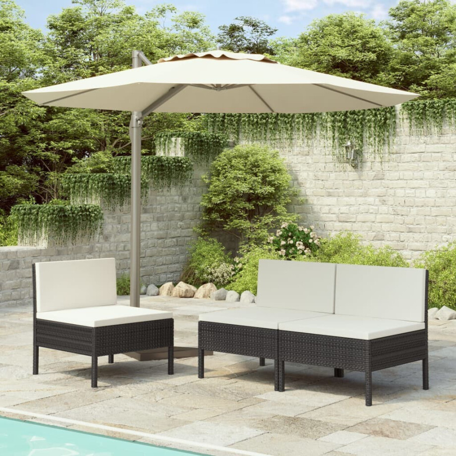 vidaXL Tuinstoelen 3 st met kussens poly rattan zwart afbeelding 1