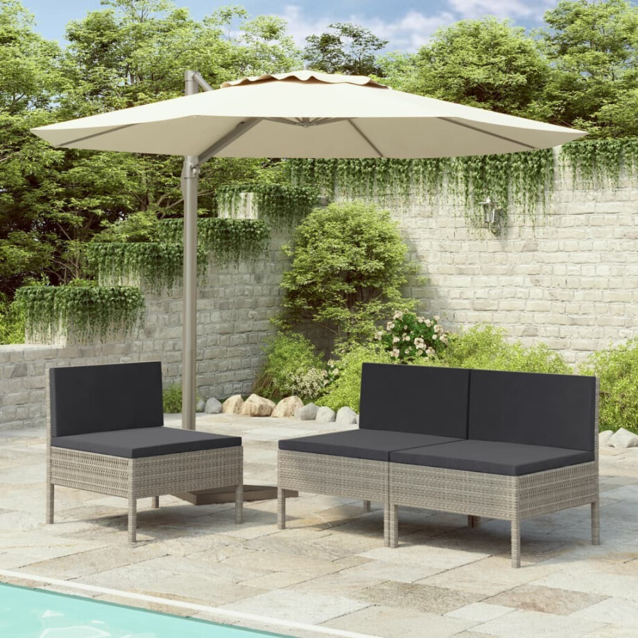 vidaXL Tuinstoelen 3 st met kussens poly rattan grijs vidaXL Tuinstoelen 3 st met kussens poly rattan grijs afbeelding 1